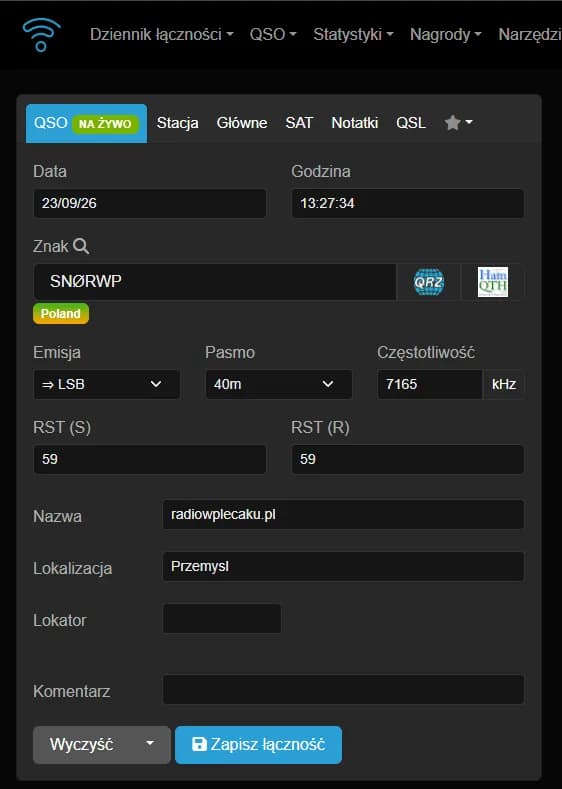 Zrzut z logbooka łączności SP7KAS z SN0RWP